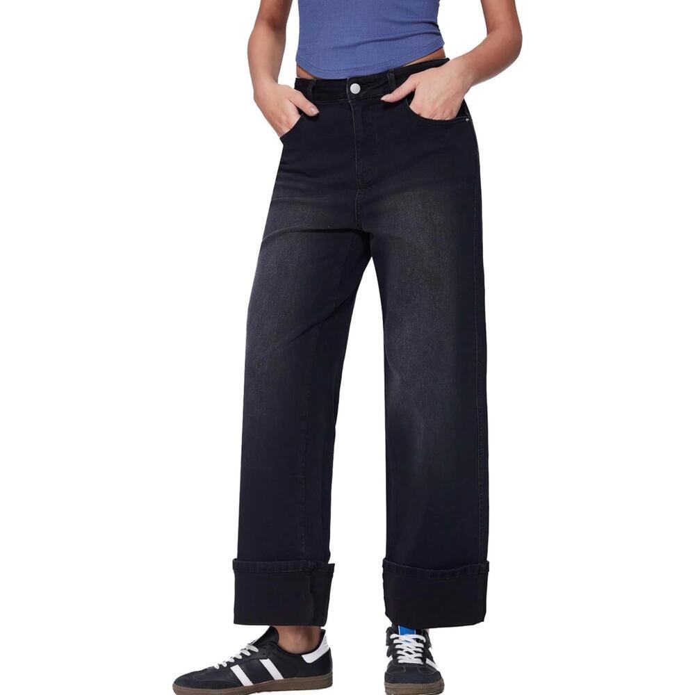 JustUSA Nori Cuffed Straight Leg Jeans Black High Rise 33 NWT